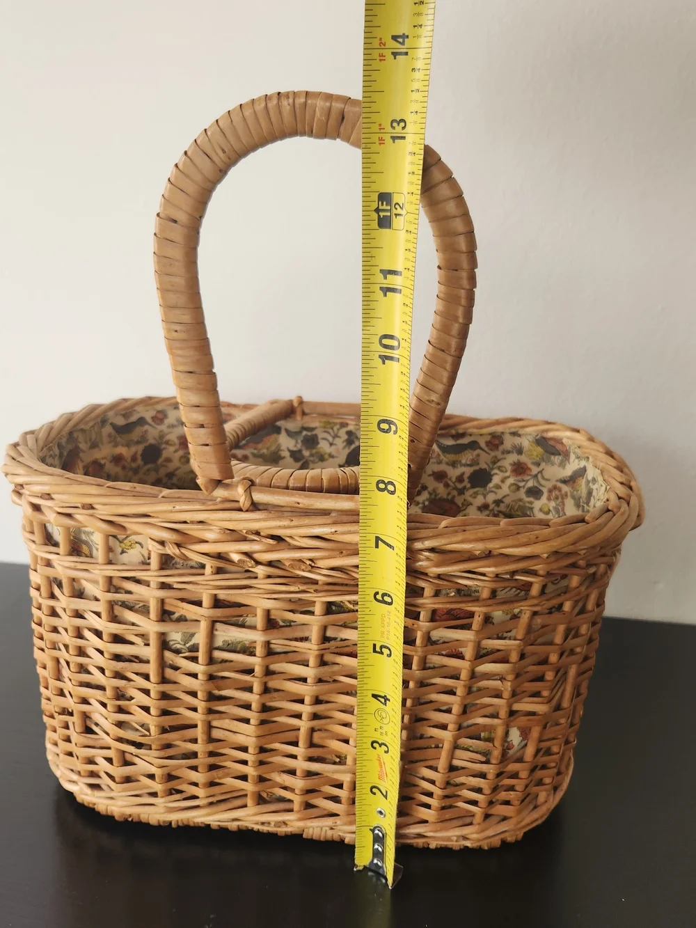 Vintage Handmade Woven Rattan Basket Tote in Natural Brown with Bird Liner